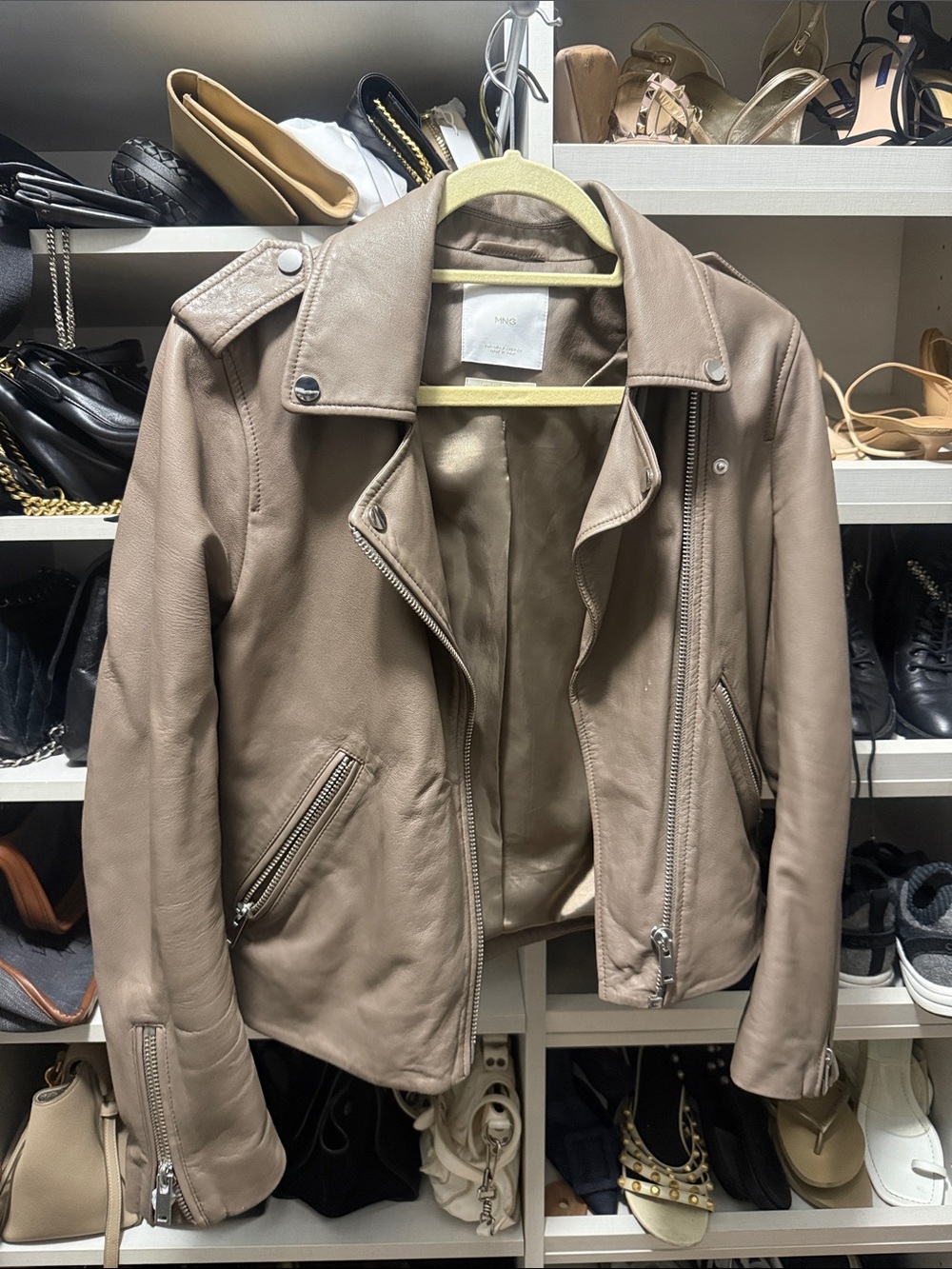 Mango Taupe Leather Moto Jacket